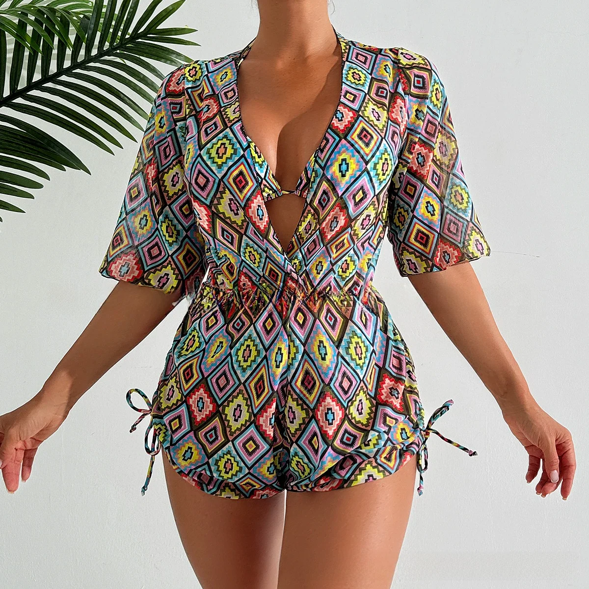 Tropical Plant Print Bikini Set Women's Crossbody Swimwear Three-piece Crossbody Swimwear Polyester Fabric with Chest Pad thumbnail 3