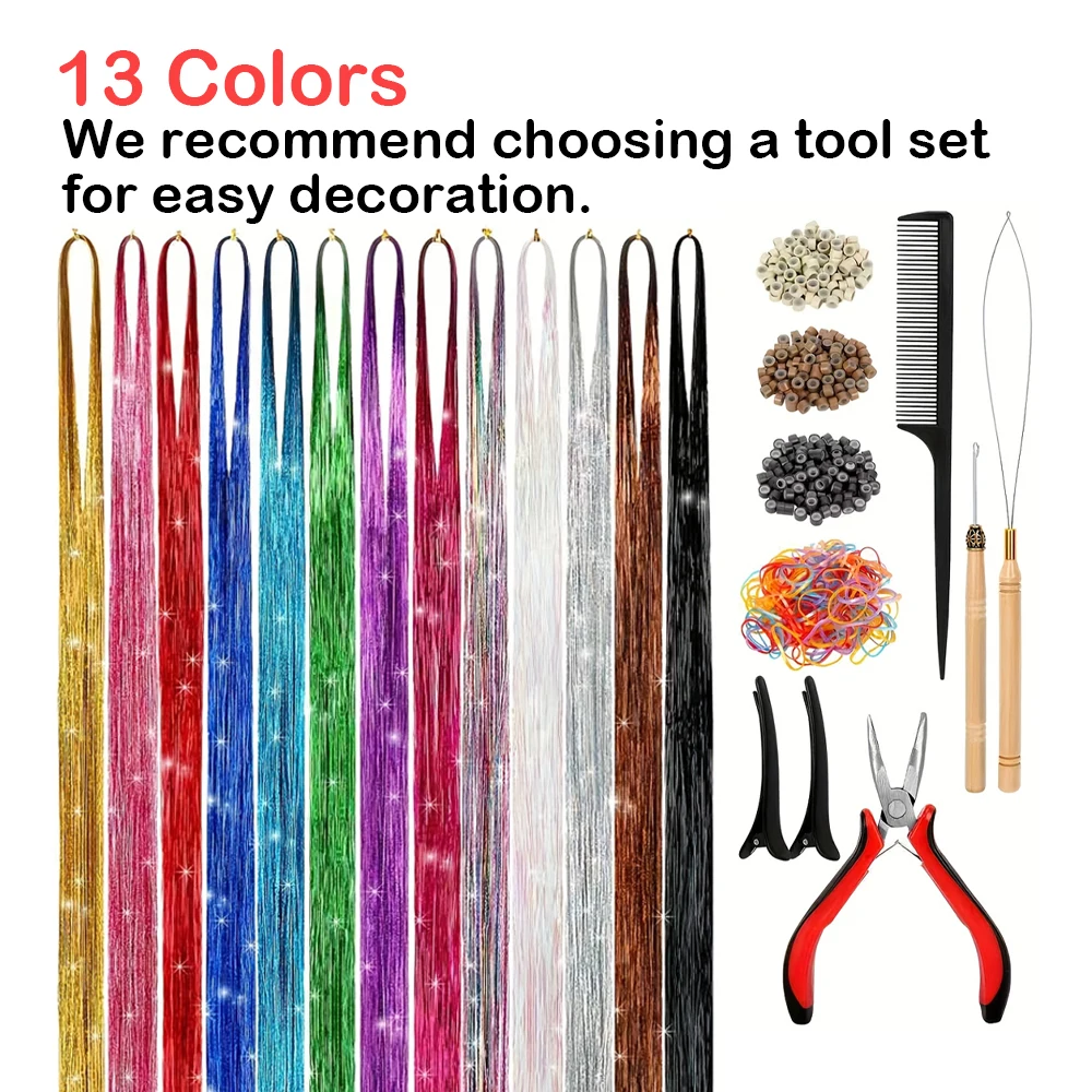 Hair Tinsel Kit 13 Colors Sparkling Hair Extensions Heat-resistant Colored Hair Accessories Perfect for Parties and Holidays Fai thumbnail 5