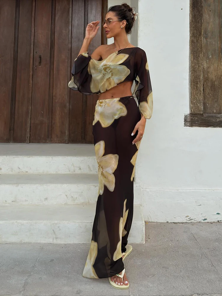 Kliou Floral Print 2 Piece Set Woman Skew Collar Full Sleeve Navel Exposed Tops+Elastic Waist Long Skirts Vacation Elegant Suits thumbnail 3