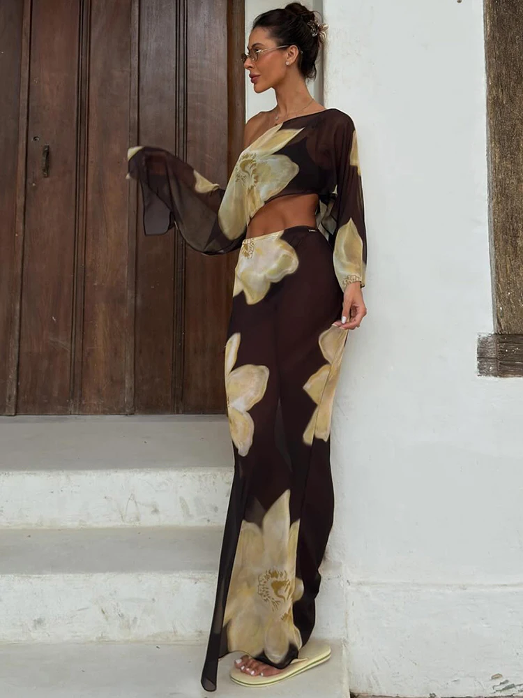 Kliou Floral Print 2 Piece Set Woman Skew Collar Full Sleeve Navel Exposed Tops+Elastic Waist Long Skirts Vacation Elegant Suits thumbnail 4