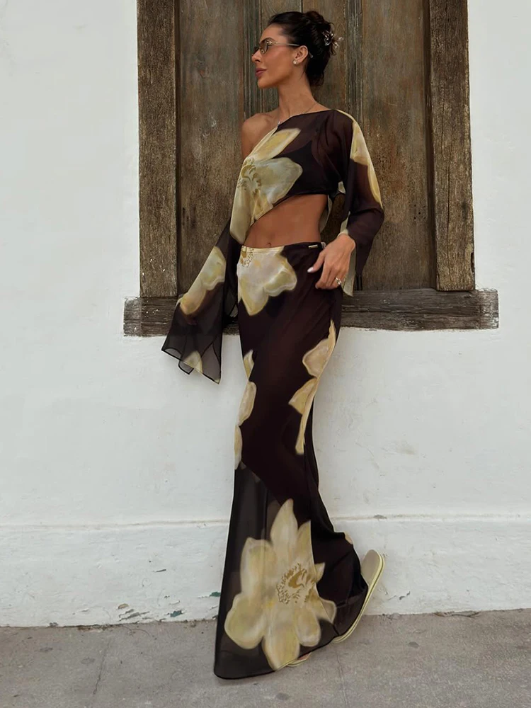 Kliou Floral Print 2 Piece Set Woman Skew Collar Full Sleeve Navel Exposed Tops+Elastic Waist Long Skirts Vacation Elegant Suits thumbnail 5