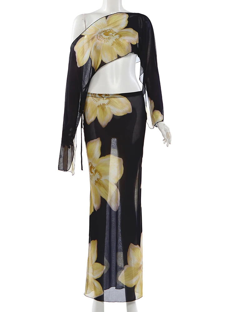 Kliou Floral Print 2 Piece Set Woman Skew Collar Full Sleeve Navel Exposed Tops+Elastic Waist Long Skirts Vacation Elegant Suits thumbnail 6