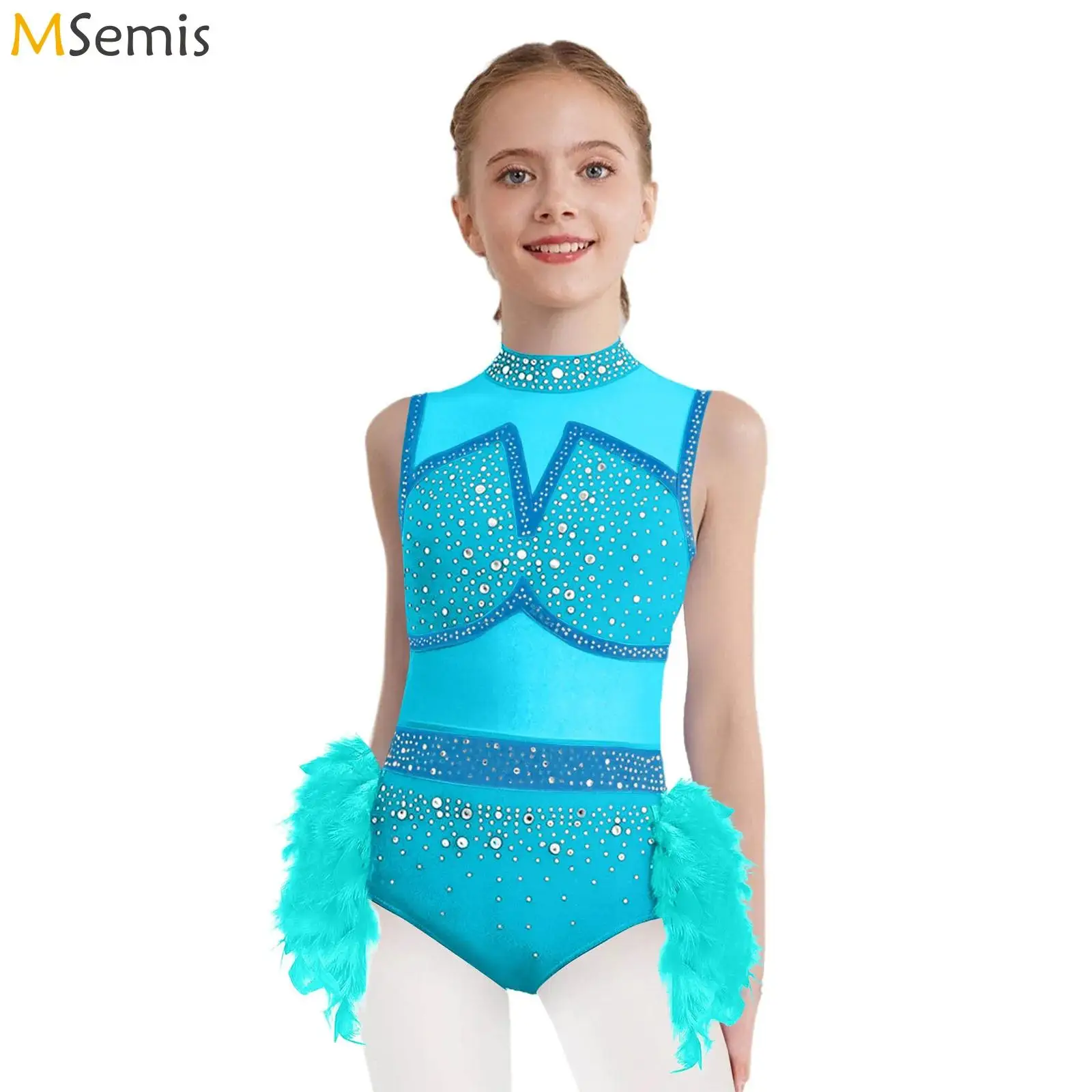 Kids Girls Gymnastics Jazz Latin Dance Performance Costume Cutout Back Shiny Rhinestones Ballet Leotard with Feather Skirt