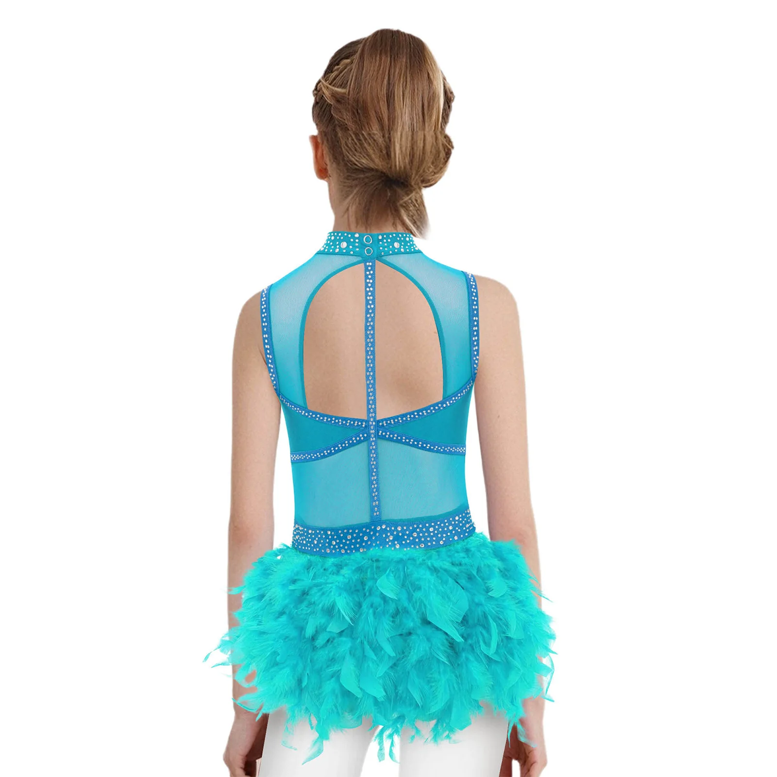 Kids Girls Gymnastics Jazz Latin Dance Performance Costume Cutout Back Shiny Rhinestones Ballet Leotard with Feather Skirt thumbnail 2