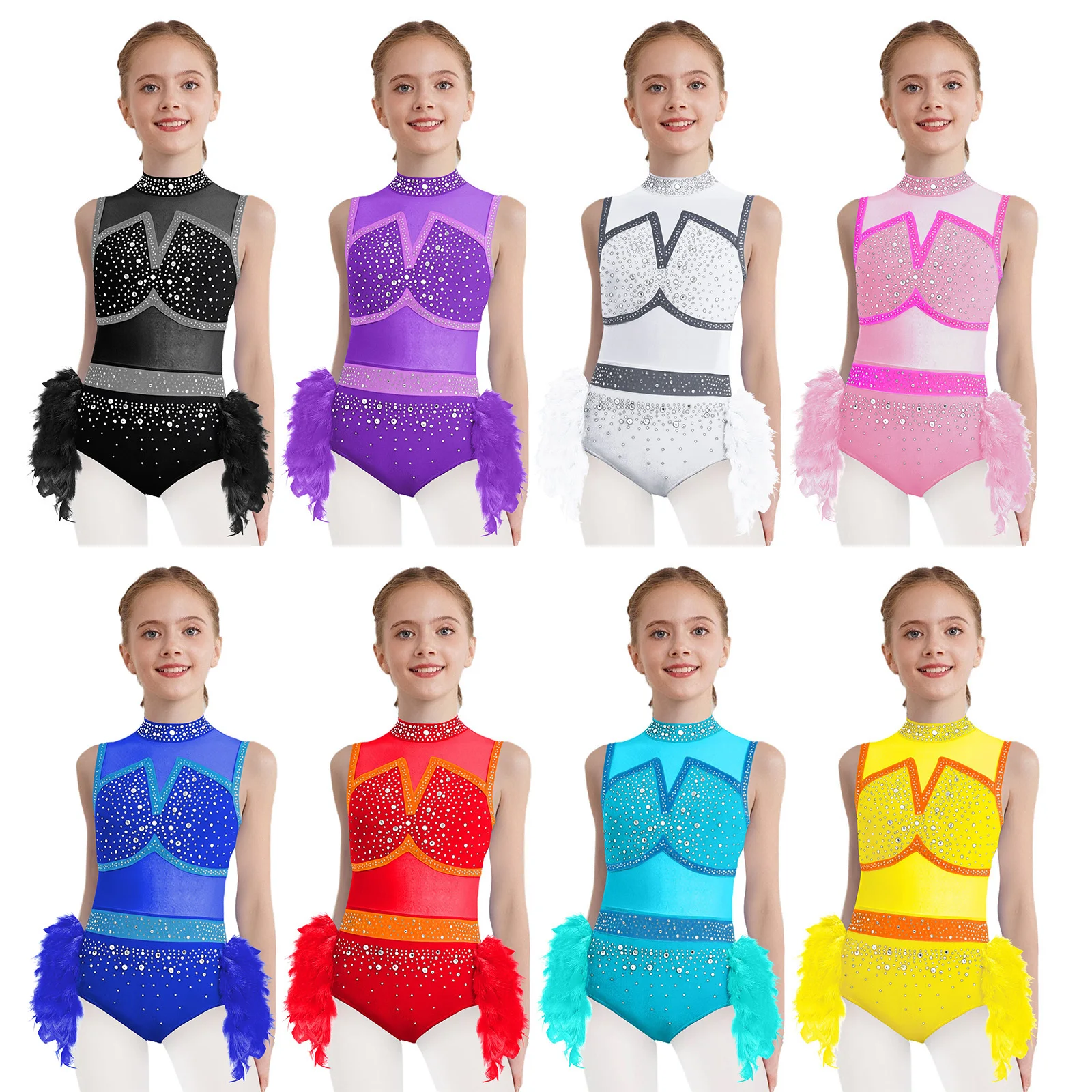 Kids Girls Gymnastics Jazz Latin Dance Performance Costume Cutout Back Shiny Rhinestones Ballet Leotard with Feather Skirt thumbnail 5