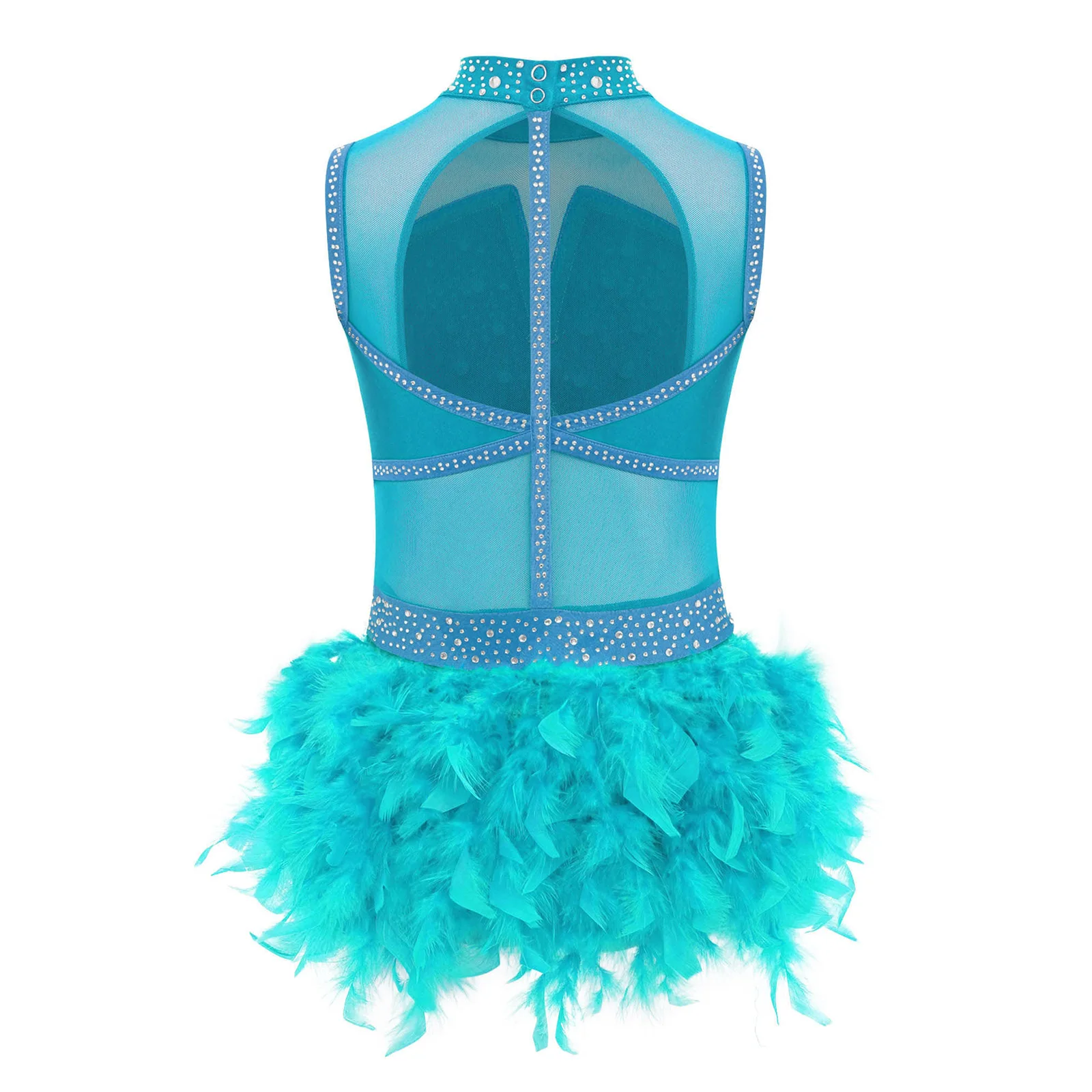 Kids Girls Gymnastics Jazz Latin Dance Performance Costume Cutout Back Shiny Rhinestones Ballet Leotard with Feather Skirt thumbnail 4