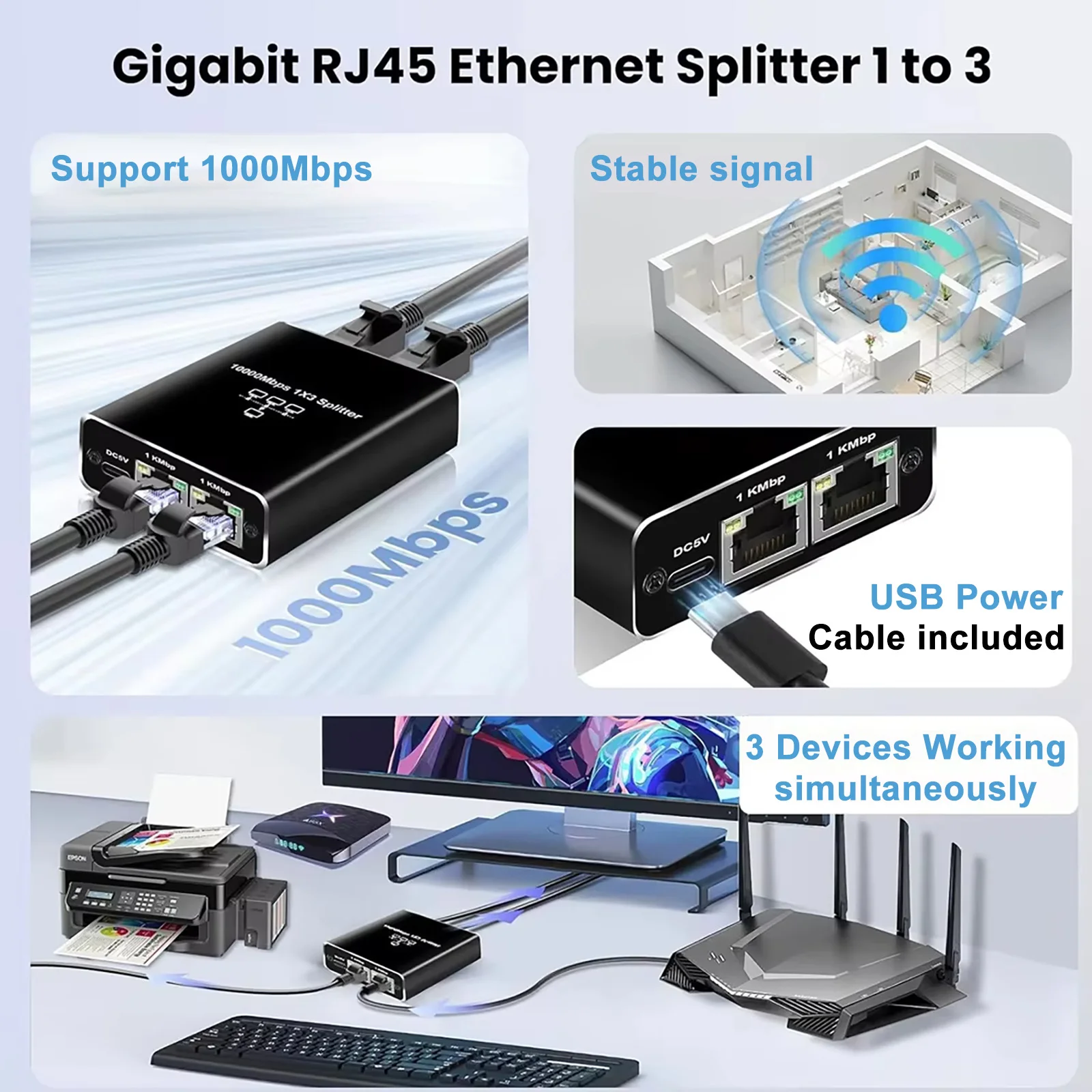 Gigabit 1000Mbps RJ45 Splitter 1 to 2 4 Ethernet Adapter Lan Connector Switch Coupler for PC Laptop TV Box Router Digital TV thumbnail 6