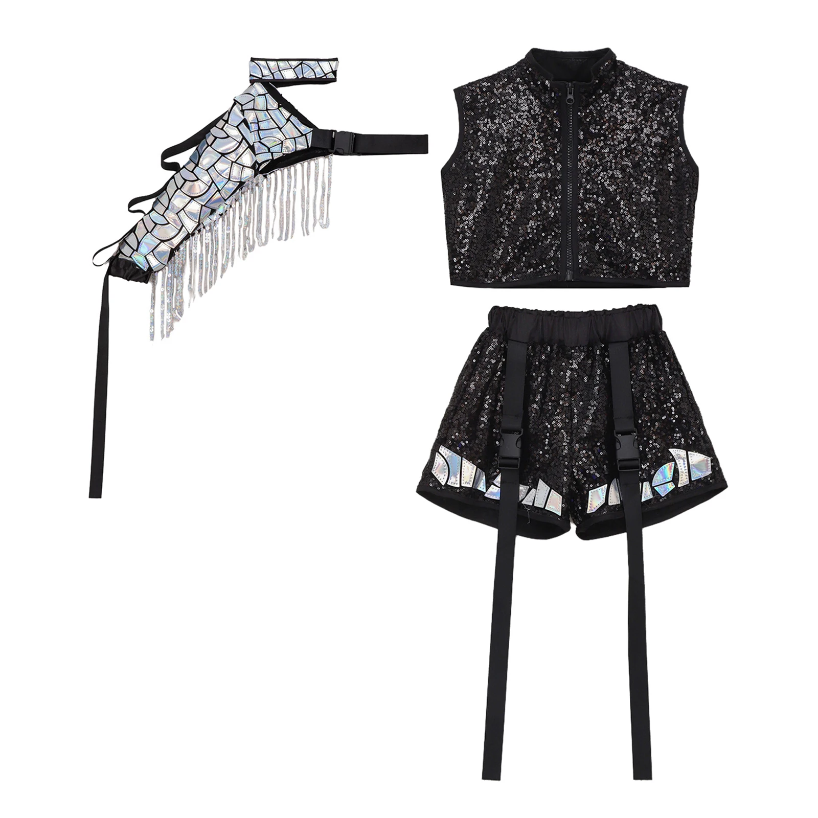 Kids Hip Hop Jazz Street Dance Costume Shiny Sequin Zipper Crop Vest Top with Shorts Detachable Sleeve Catwalk Show Outfit thumbnail 2