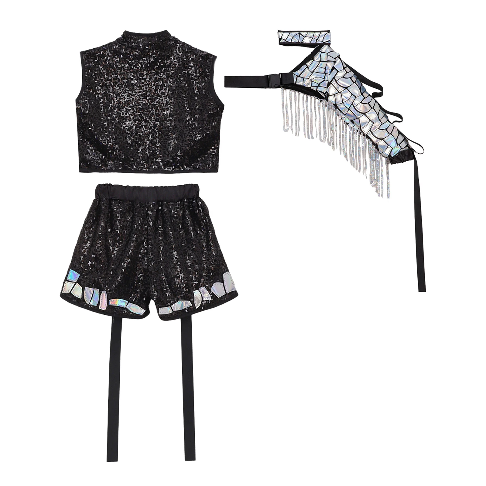 Kids Hip Hop Jazz Street Dance Costume Shiny Sequin Zipper Crop Vest Top with Shorts Detachable Sleeve Catwalk Show Outfit thumbnail 3
