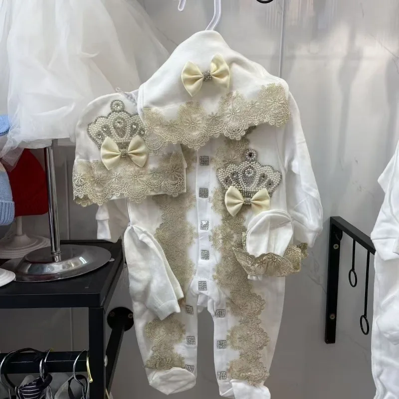Ins Handmade Baby Cute Lace Collar Climbing Suit 3-piece Set New Baby Baptism Clothes Newborn Baby Romper High Quality Clothes thumbnail 2