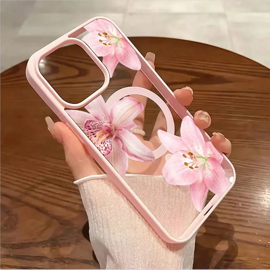 Pink Floral Lily Orchid Pattern-Pastel Magnetic Phone Case For iPhone 17 16 15 14 13 12 11 Pro Max 16 Plus 16E 17 Air Cover