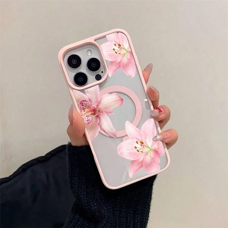 Pink Floral Lily Orchid Pattern-Pastel Magnetic Phone Case For iPhone 17 16 15 14 13 12 11 Pro Max 16 Plus 16E 17 Air Cover thumbnail 2