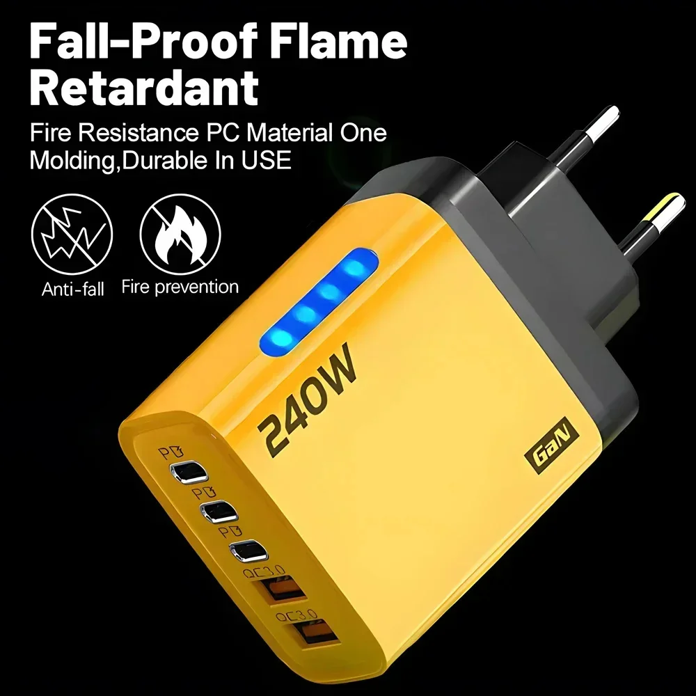 GaN Fast Charger 240W 5 Ports PD Quick Charge 3.0 2USB 3Type C For iPhone 15 16 17 Samsung Xiaomi Huawei Tablet EU US UK Plug thumbnail 2