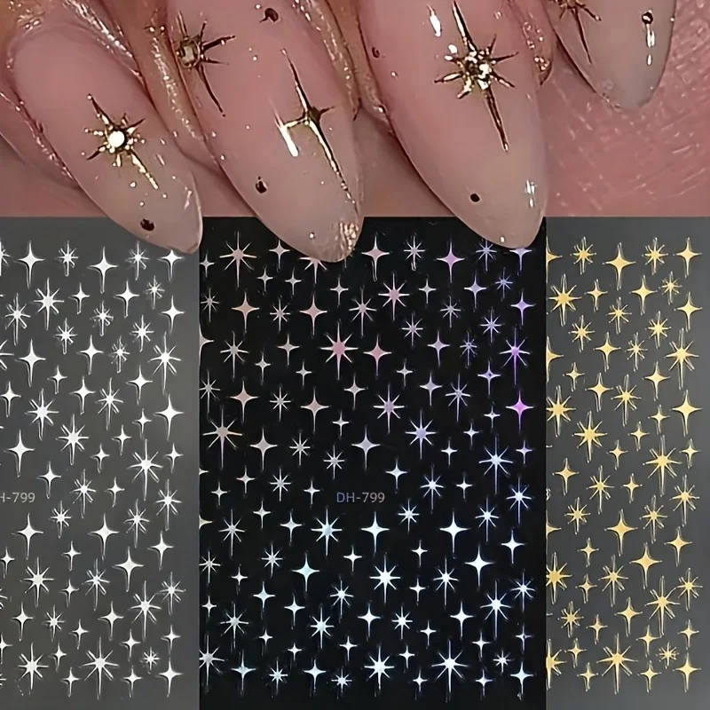 Metal Laser Holographic Star Nail Stickers, Disposable Self-Adhesive Resin Nail Decals for Women, Art Decor Accessories