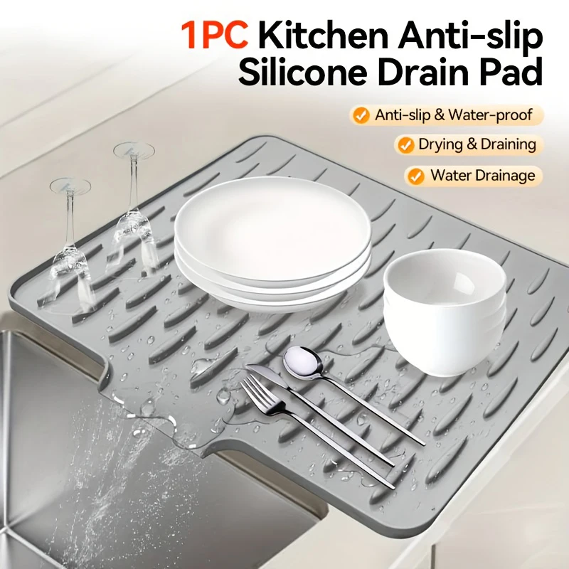 1pc Anti Slip Kitchen Silicone Drain Pad, Heat-Resistant Kitchen Counter Pad For Sinks, Silicone Tableware Drying Pad, Dish Rack