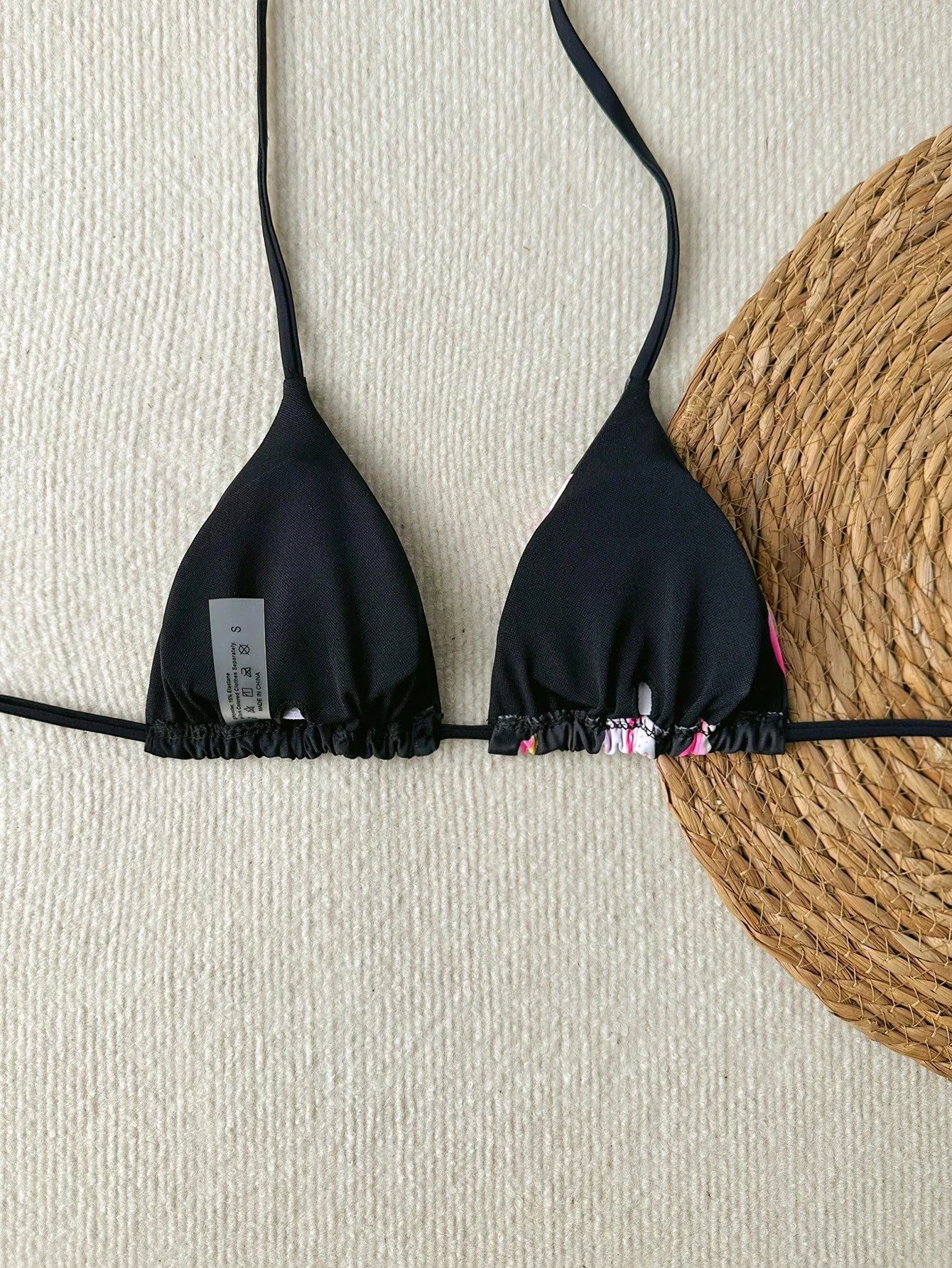 Women's Elegant High-Stretch Floral Bikini Top | Black with Pink & White Tropical Print, Adjustable Tie Straps thumbnail 2