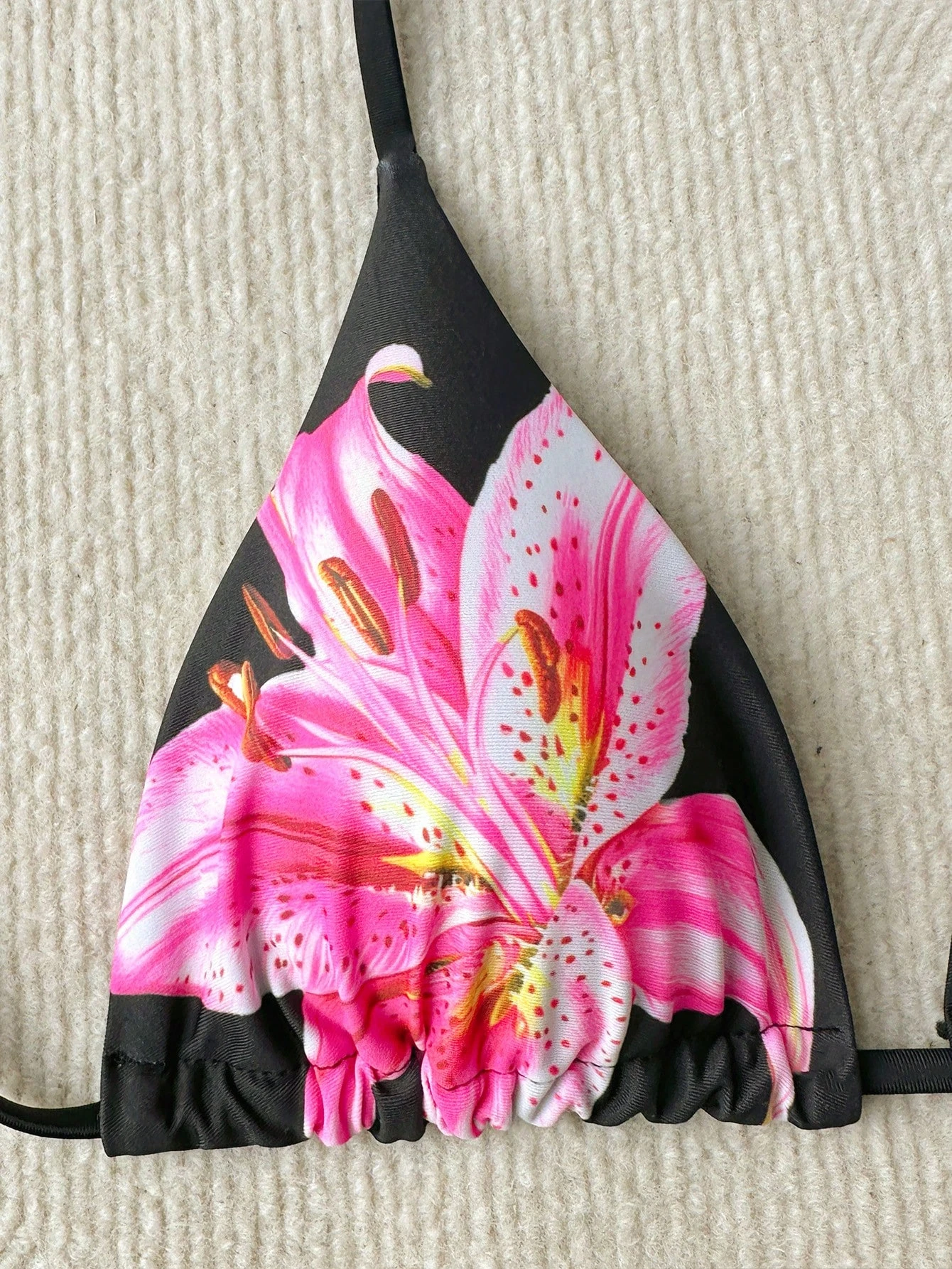 Women's Elegant High-Stretch Floral Bikini Top | Black with Pink & White Tropical Print, Adjustable Tie Straps thumbnail 4