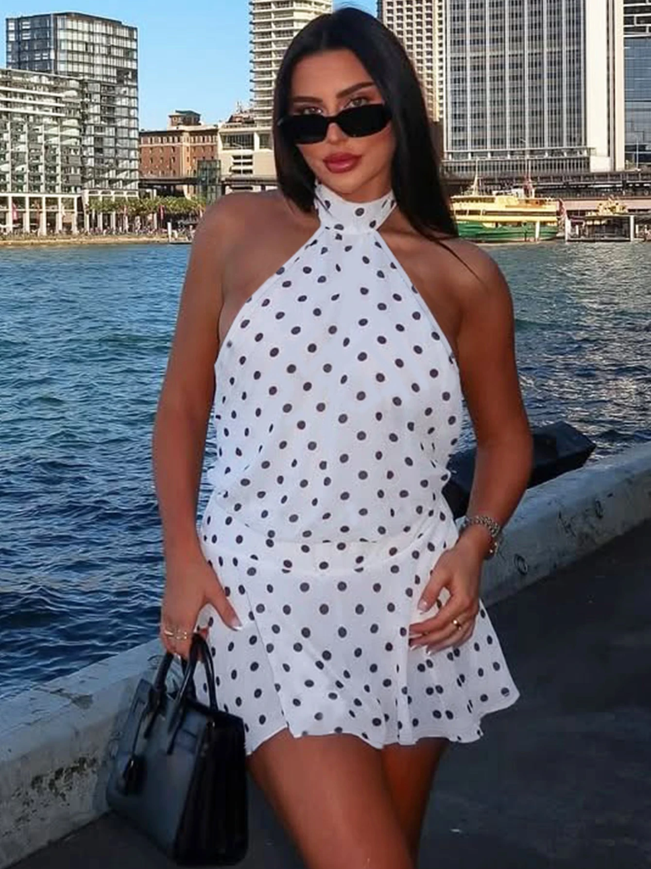 Hugcitar Polka Dot Print Halter Sleeveless Backless Bandage Sexy Slim Mini Dress Summer Women Fashion Outfit Party Vacation thumbnail 4