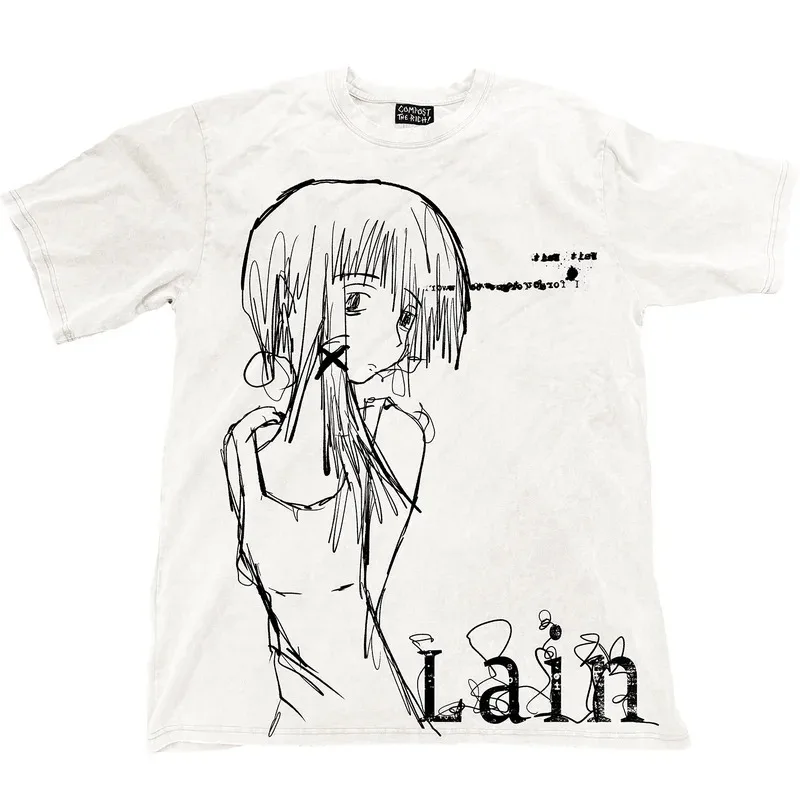 Classic Anime Lain Print Cotton Oversized T-shirt Men Women Short Sleeve Street High Quality Street Style Female Male Clothing thumbnail 4