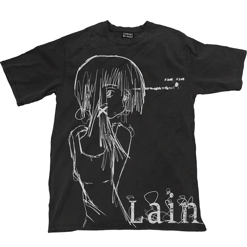 Classic Anime Lain Print Cotton Oversized T-shirt Men Women Short Sleeve Street High Quality Street Style Female Male Clothing