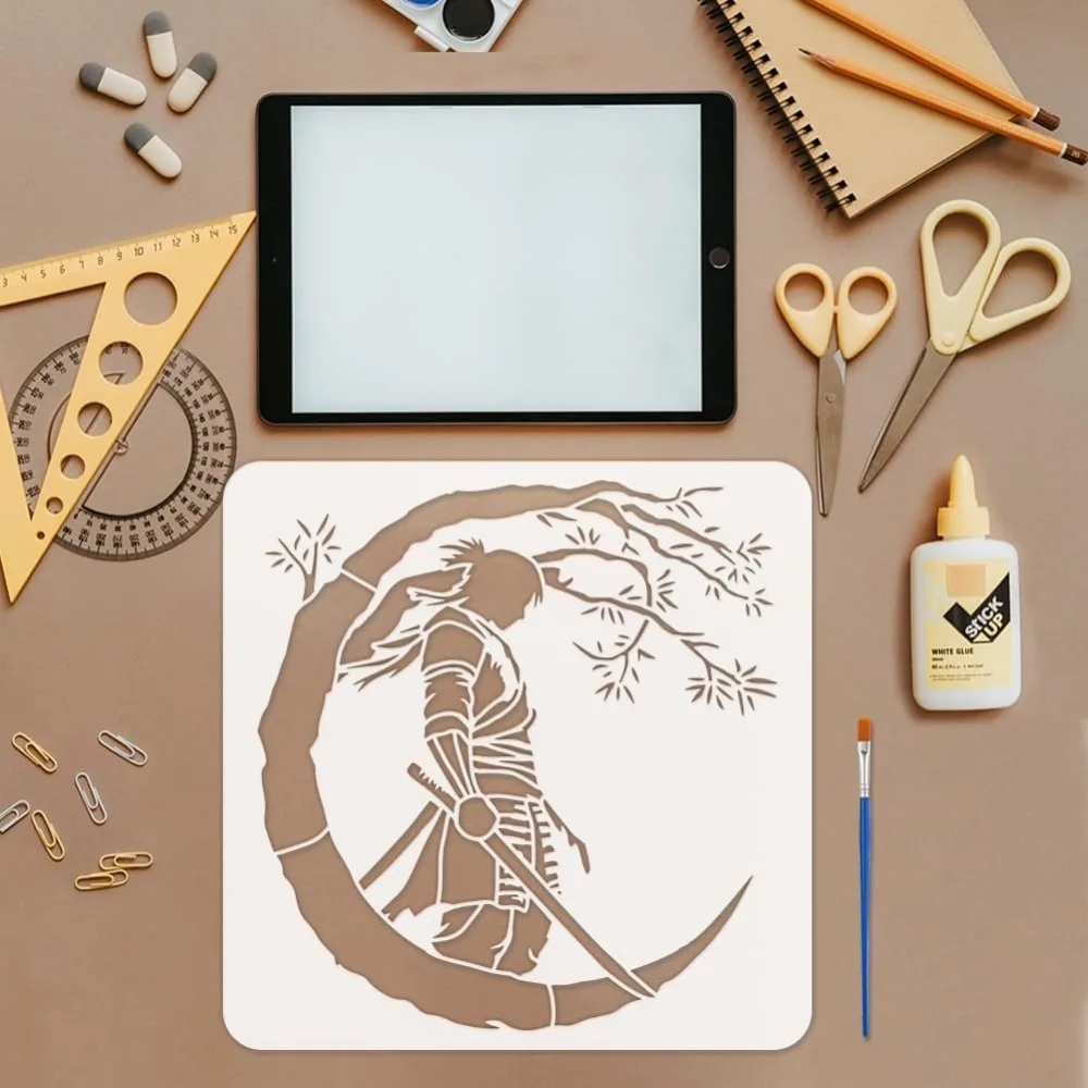 Samurai of The East Painting Stencil with Brush 11.8x11.8inch Plastic PET Katana Tree Pattern Drawing Template Decorative thumbnail 3