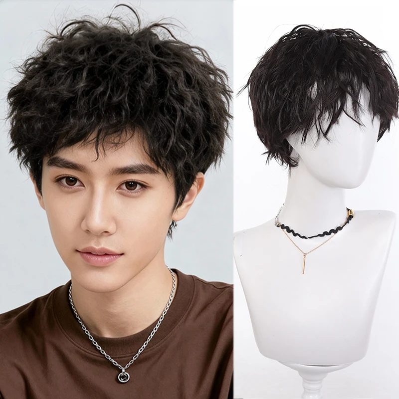 LUPU Synthetic Short Curly Hair Wigs For Men Boy Costume Cosplay Party Black Heat Resistant Fake Hair