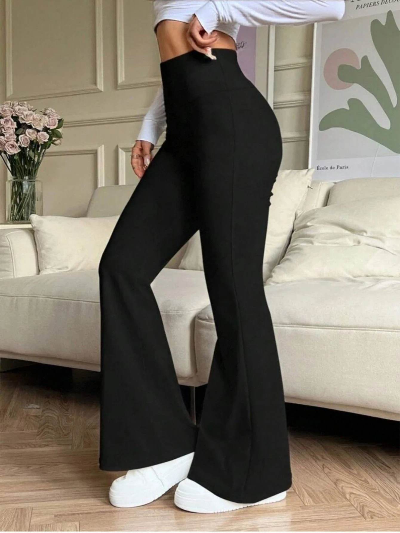 Women's Black High Waisted Flared Pants Stretchy Slimming Trousers Casual Daily Trendy 2026 Spring Fashion Women's Bottoms Loose thumbnail 4