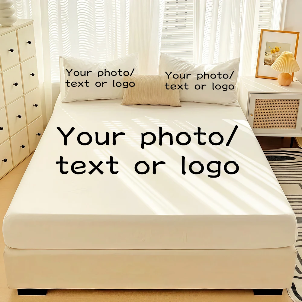 Customizable three piece bed sheet set, with the ability to upload pictures of oneself, family, loved ones, or pets