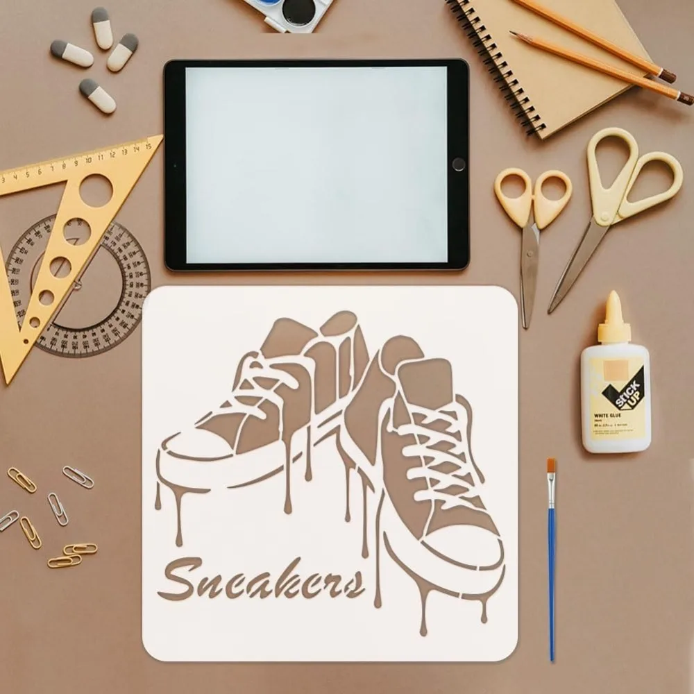 Graffiti Shoes Stencils with a Paint Brush 11.8x11.8 Inch Reusable Sneakers Pattern Stencils PET Shoes Decoration Stencil thumbnail 3