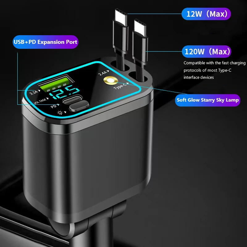 One-to-five vehicle mobile phone charger, supporting super-fast charging, with ambient light and starry sky light thumbnail 6