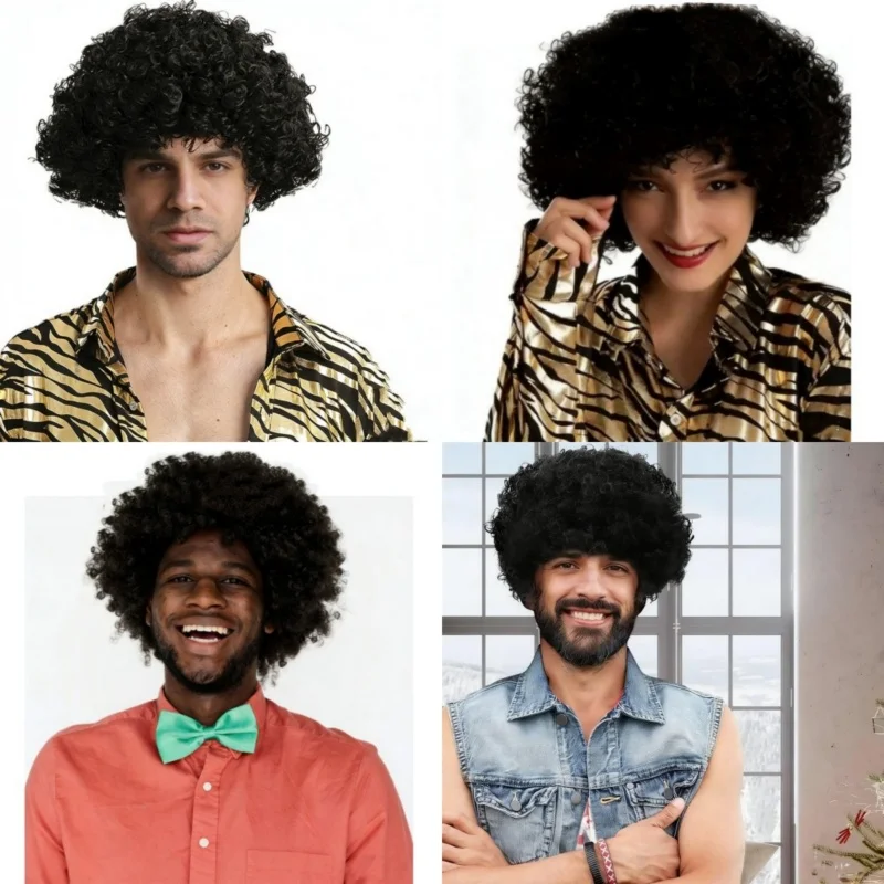 Synthetic Curly Hair Wigs Disco Hippie Rock Punk Afro Wigs Men Women Party Halloween Cosplay Hair Caps Headcover Without Glasses thumbnail 3