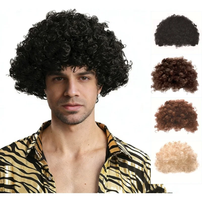 Synthetic Curly Hair Wigs Disco Hippie Rock Punk Afro Wigs Men Women Party Halloween Cosplay Hair Caps Headcover Without Glasses thumbnail 2