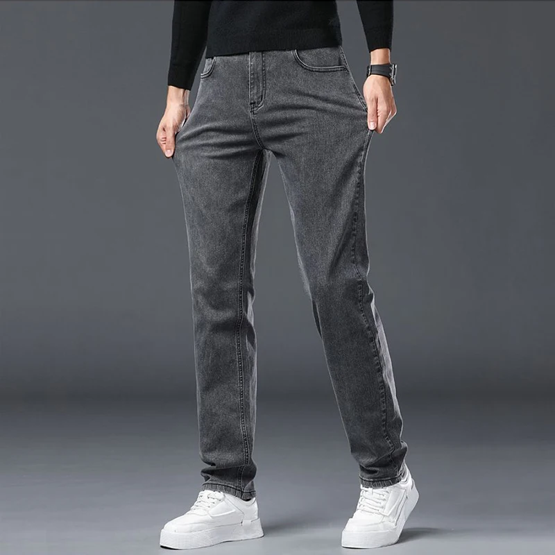 Spring New Men's Slim Fit Elastic Jeans Fashion Gray Comfortable Casual Denim Pants Korean Business Work Straight Black Trousers thumbnail 2