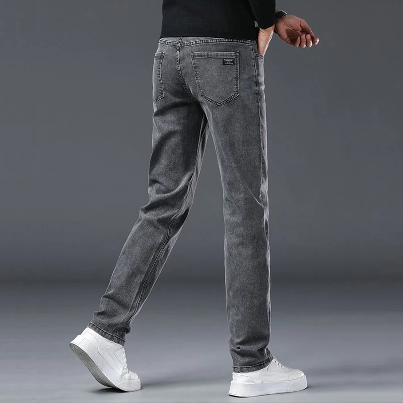 Spring New Men's Slim Fit Elastic Jeans Fashion Gray Comfortable Casual Denim Pants Korean Business Work Straight Black Trousers thumbnail 3