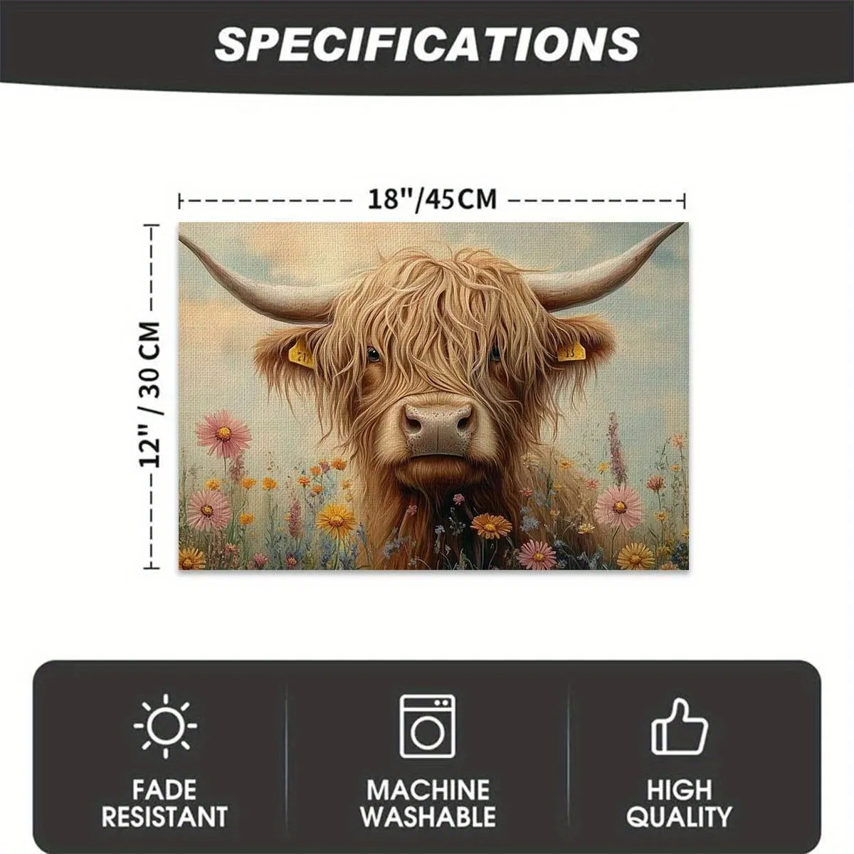 VIKAMA 4-Piece Scottish Highland Cow Placemats Floral Fabric Tablecloth for Afternoon Tea - Easy-Clean Home Dining Room Decor thumbnail 5
