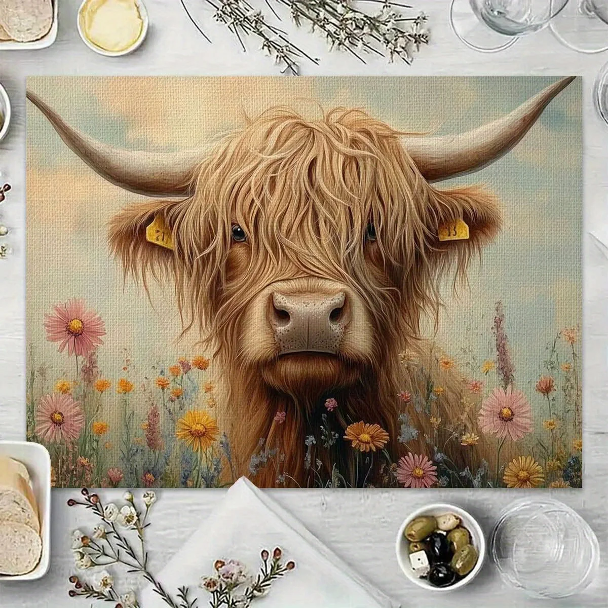 VIKAMA 4-Piece Scottish Highland Cow Placemats Floral Fabric Tablecloth for Afternoon Tea - Easy-Clean Home Dining Room Decor