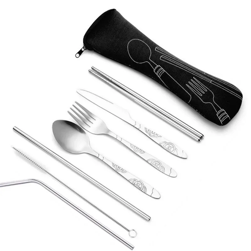 7pcs/ Set Stainless Steel Tableware Set Outdoor Portable Cloth Bag Knife Fork Spoon Chopsticks Straw Rich Flowers Seven Sets thumbnail 5