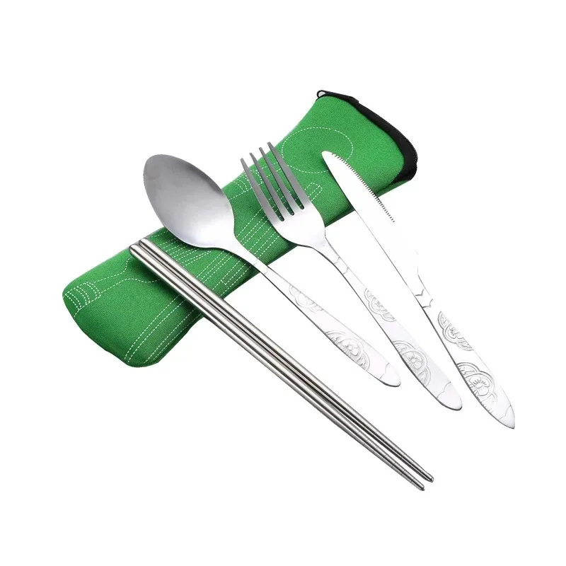 7pcs/ Set Stainless Steel Tableware Set Outdoor Portable Cloth Bag Knife Fork Spoon Chopsticks Straw Rich Flowers Seven Sets thumbnail 3