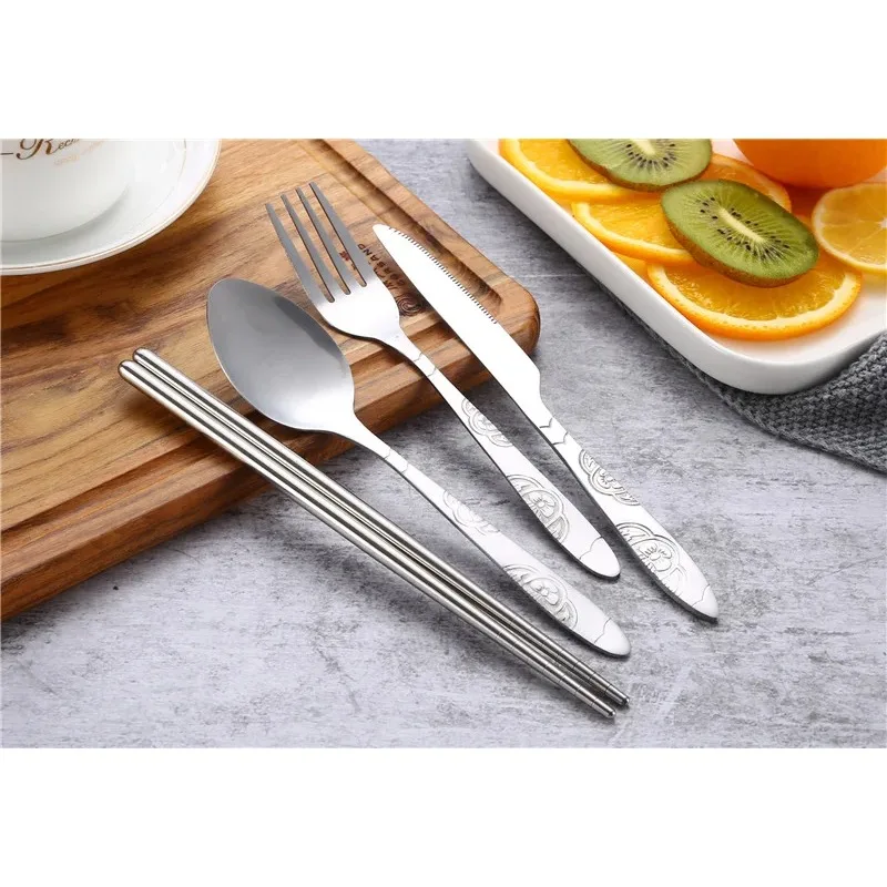 7pcs/ Set Stainless Steel Tableware Set Outdoor Portable Cloth Bag Knife Fork Spoon Chopsticks Straw Rich Flowers Seven Sets thumbnail 4
