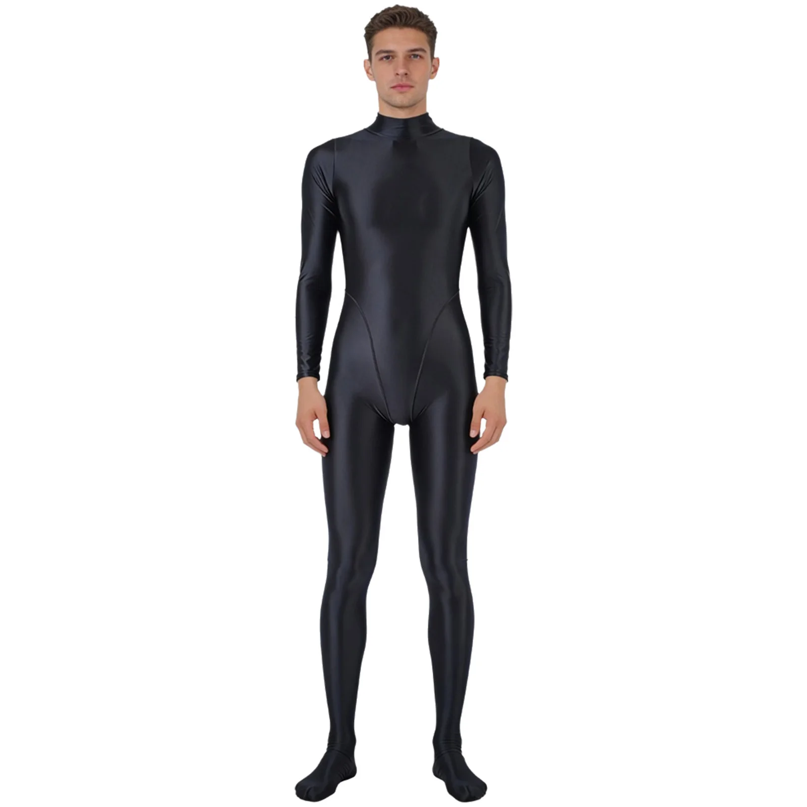 Mens Oil Glossy Swimsuit Full Body Suit Long Sleeve Footed One Piece Jumpsuit Rash Guard Diving Surfing Workout Bathing Suits thumbnail 3