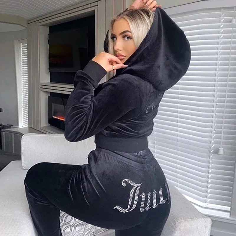 Two piece Set Women Fashion Rhinestone Korean Velvet Sports and Leisure Set 2025 Autumn New Womens Clothing thumbnail 2