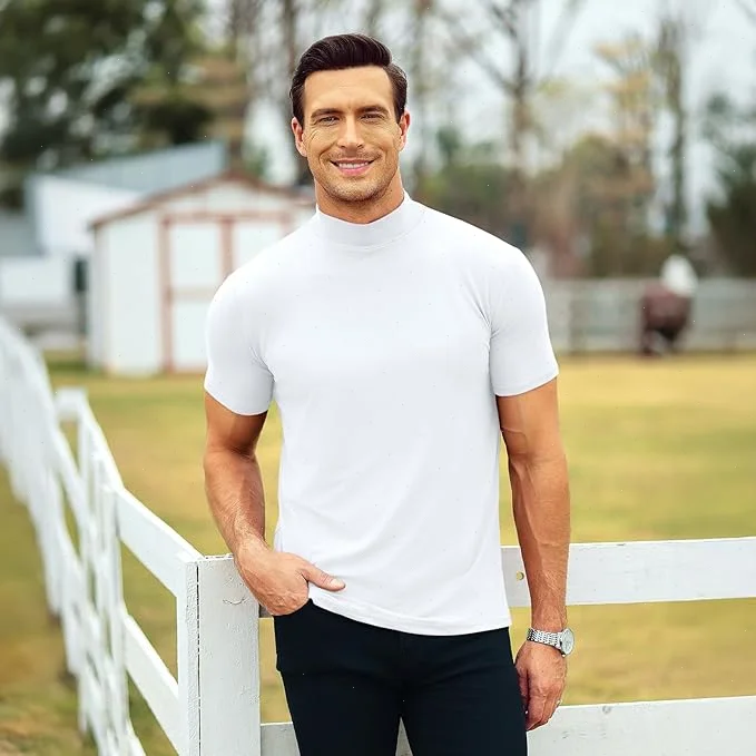 Mens T Shirt Short Sleeve Basic Mock Turtleneck Lightweight Slim Fit Undershirt Pullover Thermal Solid Tops Black Bottoming Tees thumbnail 3