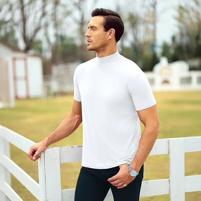 Mens T Shirt Short Sleeve Basic Mock Turtleneck Lightweight Slim Fit Undershirt Pullover Thermal Solid Tops Black Bottoming Tees thumbnail 4