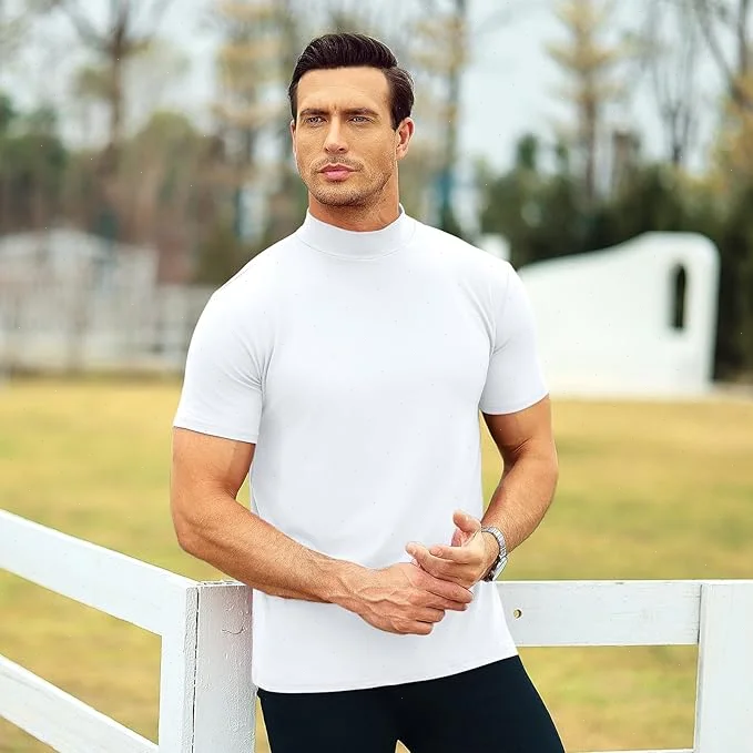 Mens T Shirt Short Sleeve Basic Mock Turtleneck Lightweight Slim Fit Undershirt Pullover Thermal Solid Tops Black Bottoming Tees thumbnail 5