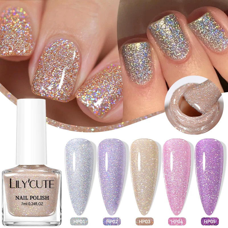 LILYCUTE 7ml Nail Polish Holographic Reflective Colorful Shining Effec Manicure Nail Art Varnish No Need Lamp Air Dry