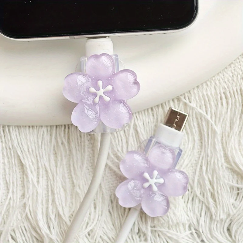 2pcs Cherry Blossom Cable Protector Cord Saver Sleeve Data Line Protection Kit For iPhone/Type-C Charging Interface thumbnail 5