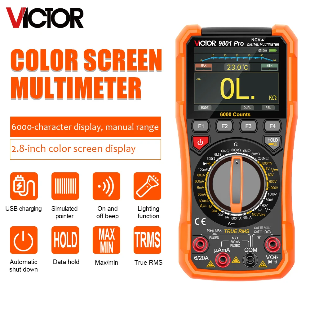 VICTOR 9801 Pro DIgital Multimeter 6000 Counts TFT Color Screen AC/DC 1000V NCV Live Wire Intelligent Diode Tester Multimetro