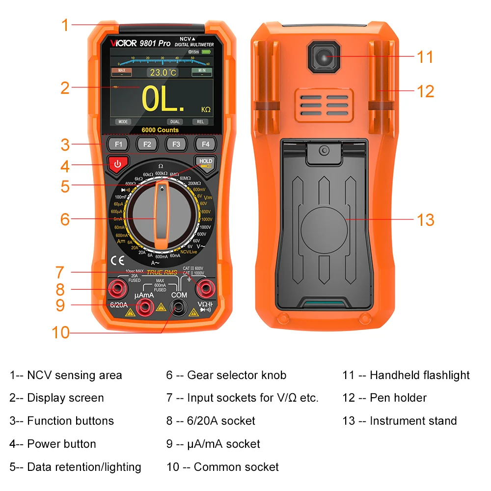 VICTOR 9801 Pro DIgital Multimeter 6000 Counts TFT Color Screen AC/DC 1000V NCV Live Wire Intelligent Diode Tester Multimetro thumbnail 2