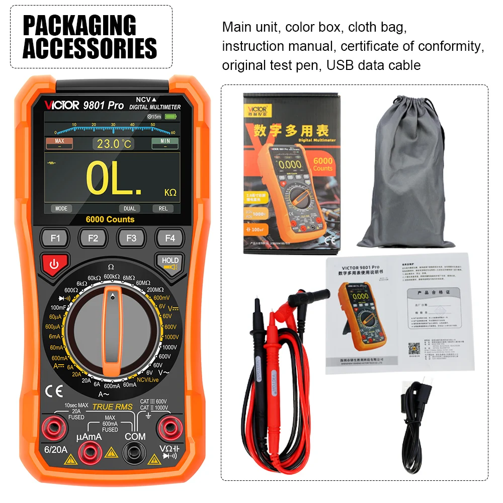 VICTOR 9801 Pro DIgital Multimeter 6000 Counts TFT Color Screen AC/DC 1000V NCV Live Wire Intelligent Diode Tester Multimetro thumbnail 6