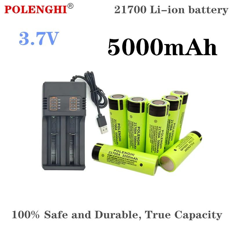 Rechargeable 21700 Lithium-Ion Battery 3.7V 5000mAh Large Capacity Flat Top for Electronics